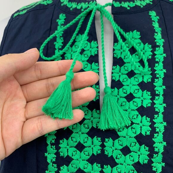 J Crew Tank Womens 0 Navy Green Embroidered Bib Tassel Keyhole Sleeveless Top - Picture 4 of 12